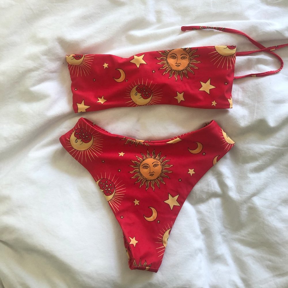 SHEIN Sun&Moon Print Red Bandeau Bikini Set - Sm